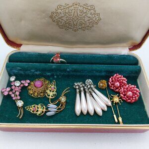 Vintage Farrington Jewelry Case With Vintage Brooches Stick Pins Earrings Ring